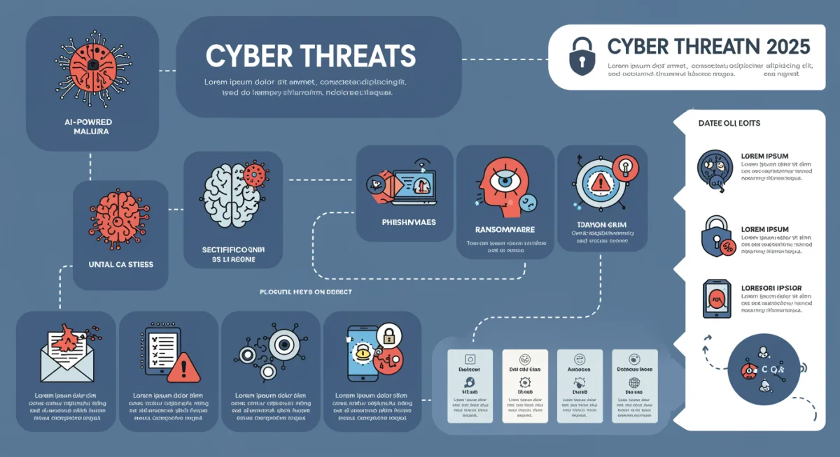 Infographic illustrating diverse cyber threats in 2025.