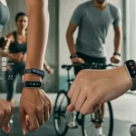 People exercising with advanced 2025 wearable health devices tracking their activity data.
