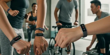 People exercising with advanced 2025 wearable health devices tracking their activity data.