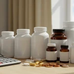 Assortment of health supplements, calculator, and coin jar on a wooden table, representing affordable wellness strategies.