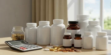 Assortment of health supplements, calculator, and coin jar on a wooden table, representing affordable wellness strategies.