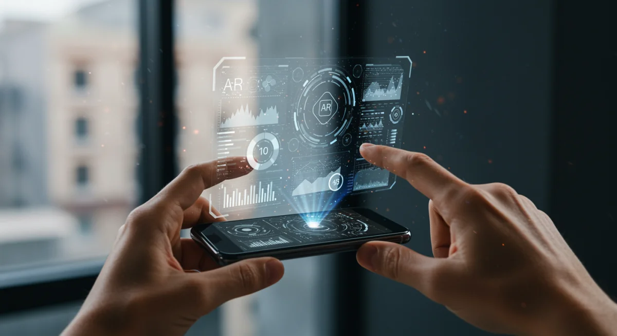 User engaging with an augmented reality interface on a future smartphone, demonstrating AI integration.