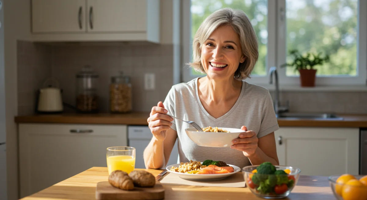 Active woman over 40 enjoying a balanced, energy-rich meal at home.