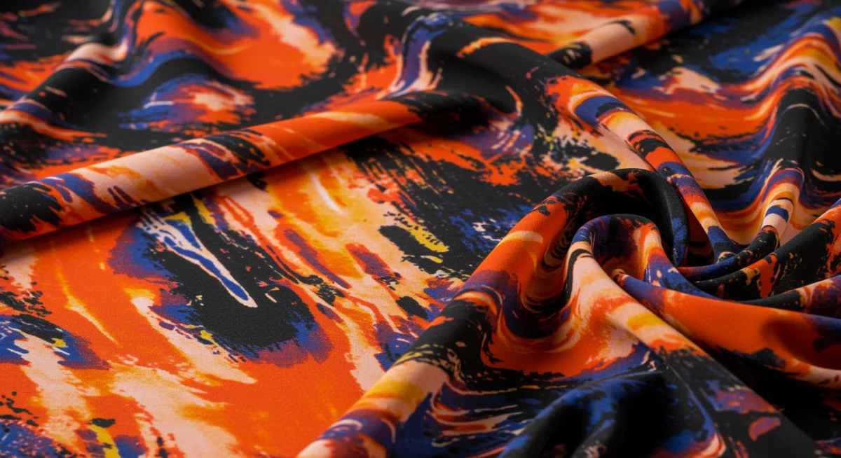 Dynamic digital print on fabric, reflecting bold pattern trends for 2025.