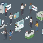 Modern consumers engaging with digital interfaces and sustainable products, symbolising brand evolution.