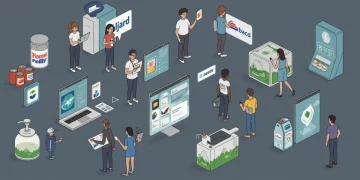Modern consumers engaging with digital interfaces and sustainable products, symbolising brand evolution.