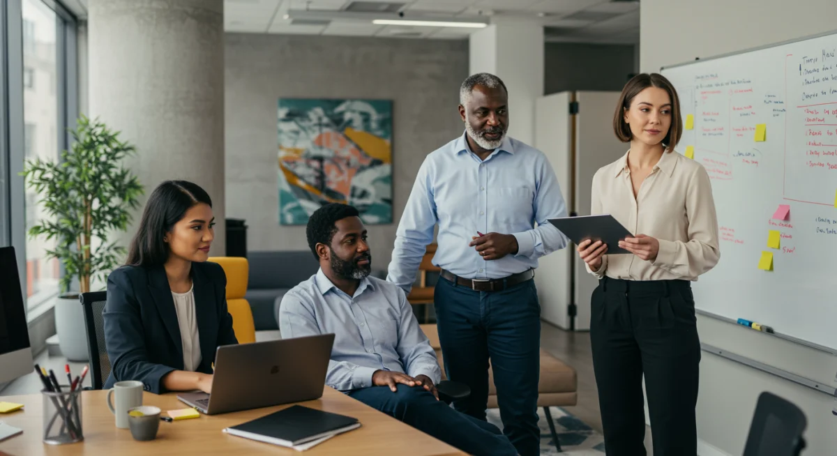 Diverse professionals in a contemporary office setting, dressed in smart business casual