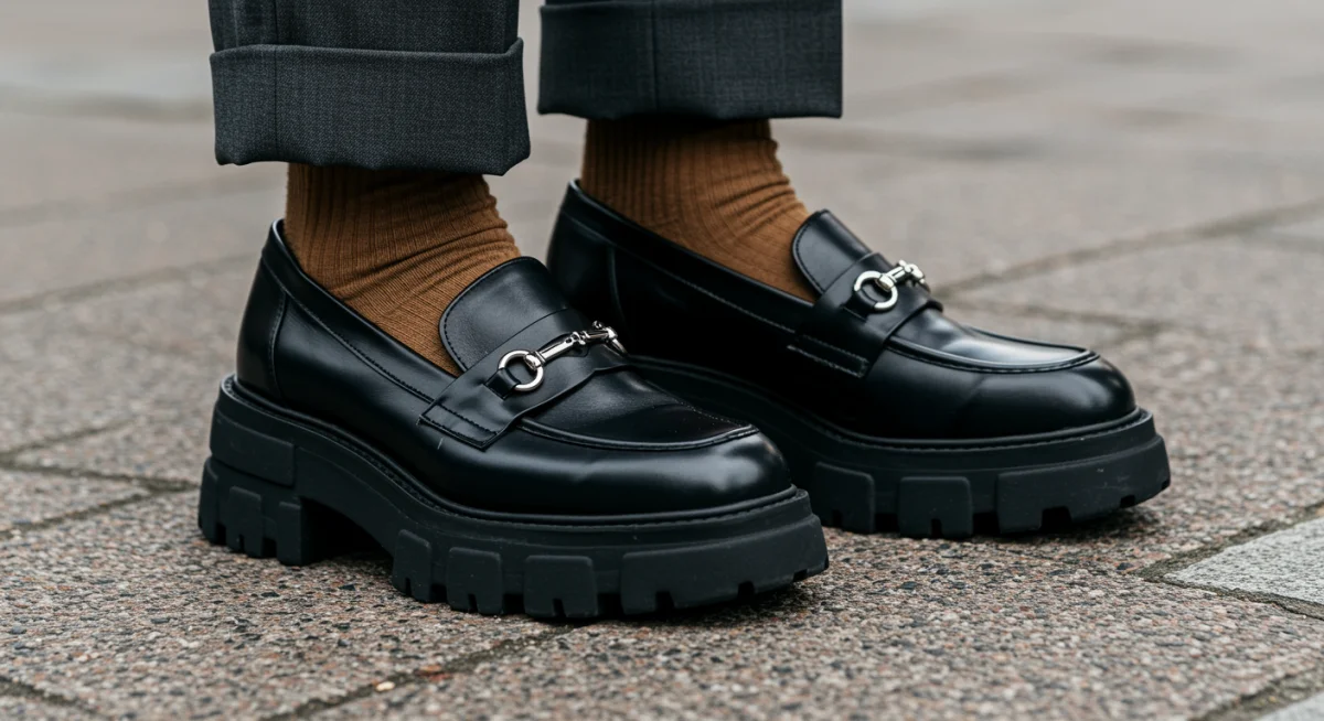 Close-up of chunky platform loafers in dark leather, paired with tailored trousers, demonstrating a key 2025 footwear trend.