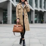 Woman wearing classic trench coat, structured handbag, and leather boots for a timeless 2025 investment wardrobe.