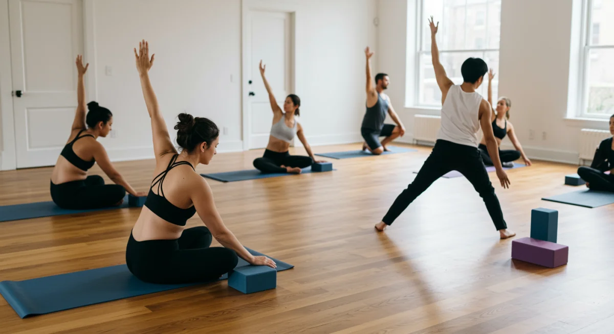 Diverse individuals practicing mindful movement and meditation in a bright, minimalist studio.