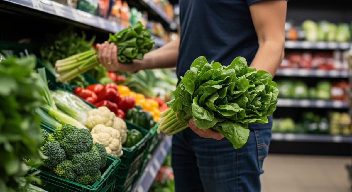 Individual choosing fresh leafy greens and vegetables in a supermarket produce aisle.