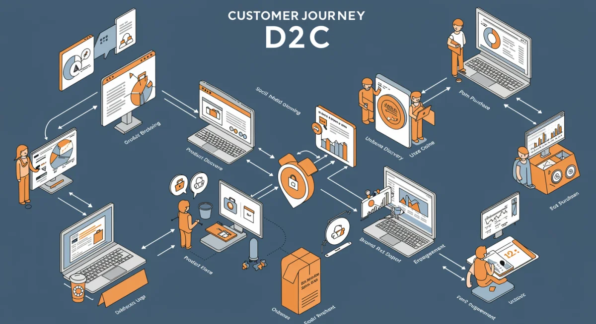 Illustrated customer journey map for D2C brands, detailing digital touchpoints and engagement strategies.