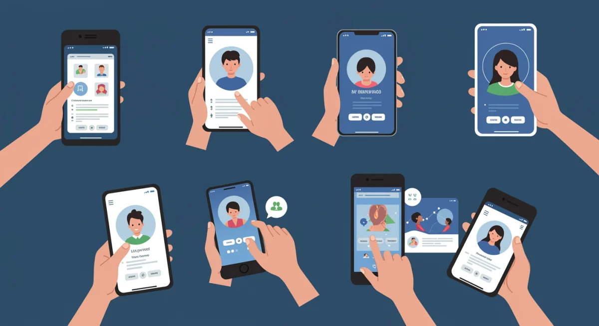 Diverse users engaging with various mental health app features for mood tracking and therapy.