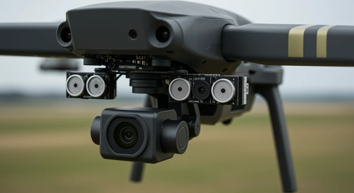 Close-up of a drone's advanced obstacle avoidance sensors, including cameras and LiDAR, for safe navigation.