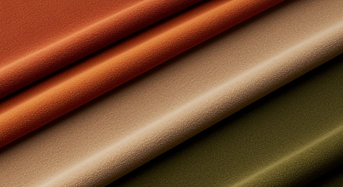 Fabric swatches in earthy tones, reflecting the 'Earthen Harmony' colour palette for 2025 fashion trends.