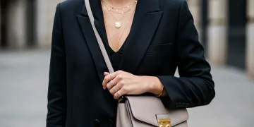 Woman in stylish outfit with statement necklace and elegant handbag, demonstrating elevated accessorising.