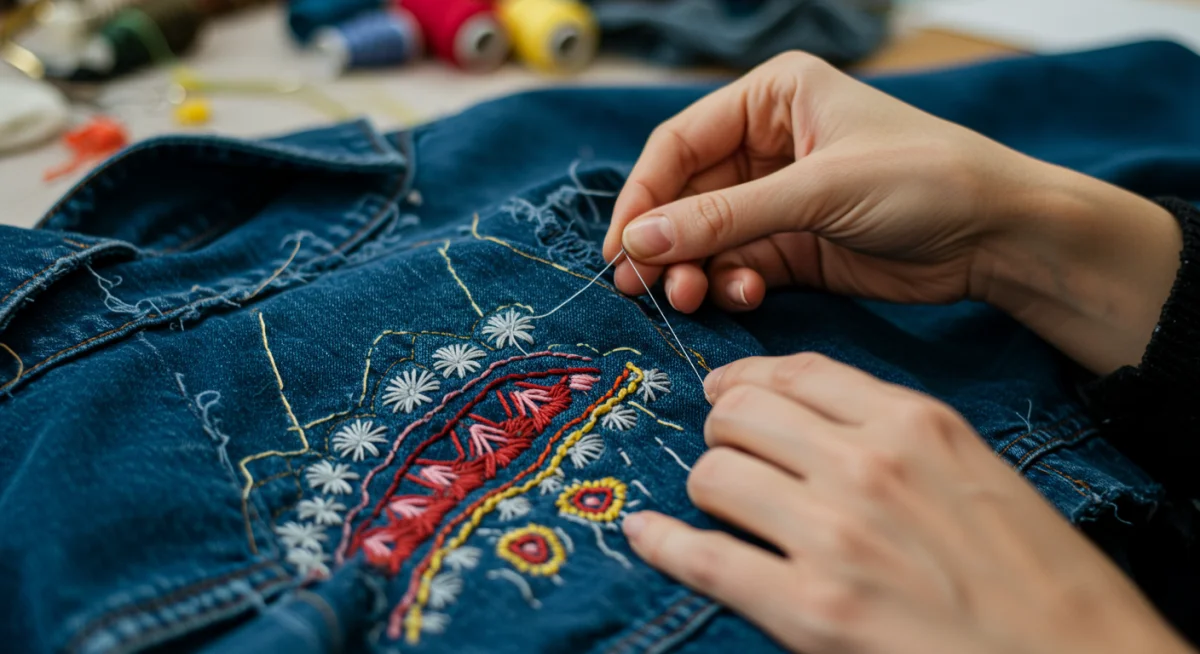 Hands embroidering a denim jacket, illustrating a detailed upcycling fashion project.