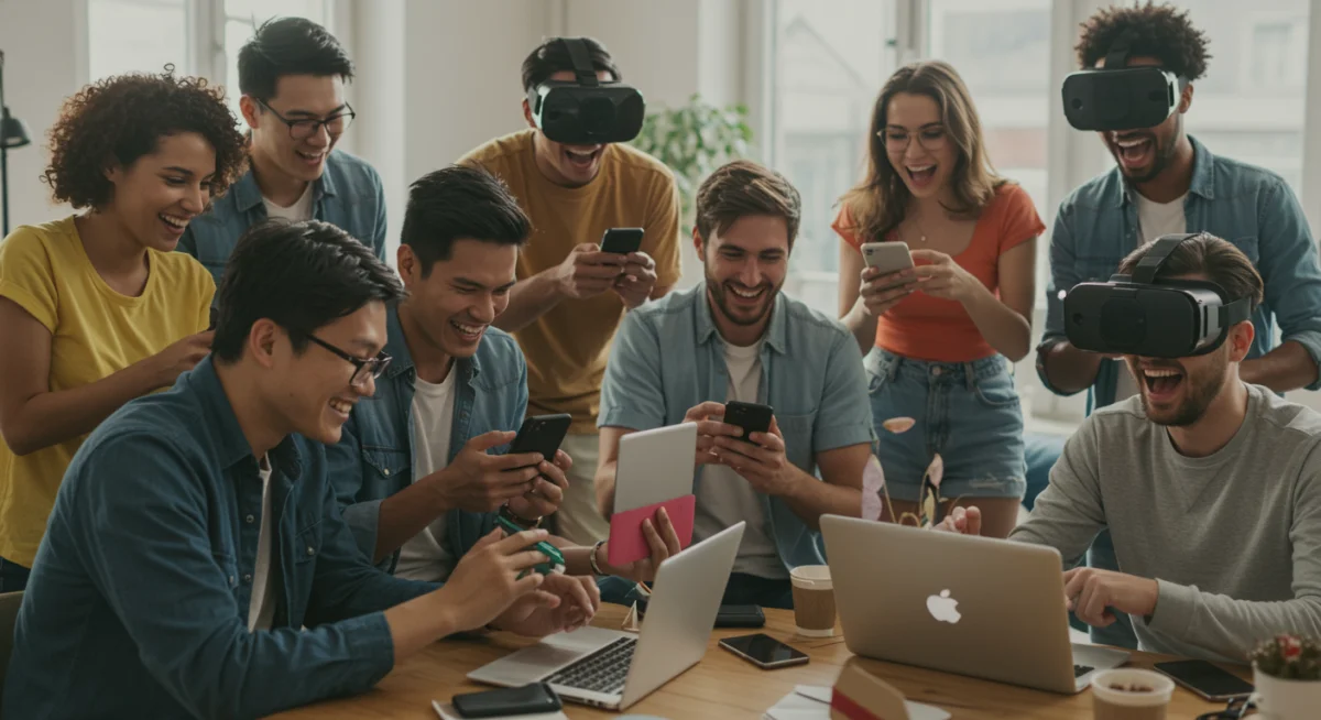 Diverse customers engaging with gadgets, representing community loyalty