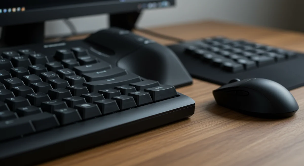 Ergonomic keyboard and mouse optimising comfort and efficiency for remote workers.