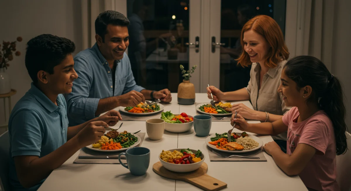 Family sharing a balanced, home-cooked meal at a dining table.