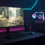 Futuristic 4K gaming setup with powerful PC and vibrant RGB lighting.