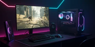 Futuristic 4K gaming setup with powerful PC and vibrant RGB lighting.