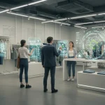 Futuristic apparel store with customers engaging in augmented reality shopping experiences, highlighting brand innovation.