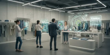 Futuristic apparel store with customers engaging in augmented reality shopping experiences, highlighting brand innovation.