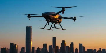 Futuristic drone with advanced sensors flying above a modern city at sunset, symbolising technological progress.