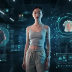 Futuristic fashion model in digital setting with tech-integrated garments