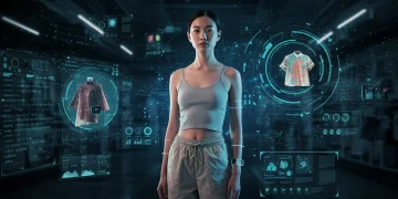 Futuristic fashion model in digital setting with tech-integrated garments