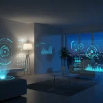 Futuristic smart home interior with advanced energy-efficient gadgets