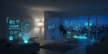 Futuristic smart home interior with advanced energy-efficient gadgets