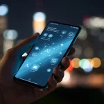 Futuristic smartphone with advanced AI interface and glowing elements, representing 2025 flagship technology.