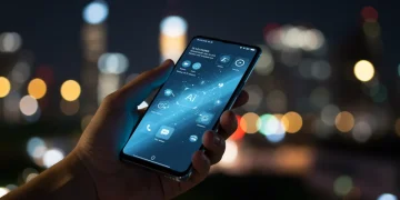 Futuristic smartphone with advanced AI interface and glowing elements, representing 2025 flagship technology.