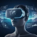 Futuristic VR headset user immersed in a vivid holographic virtual world with enhanced graphics.