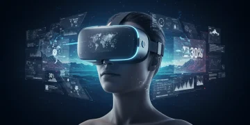 Futuristic VR headset user immersed in a vivid holographic virtual world with enhanced graphics.