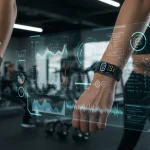 Advanced wearable fitness trackers displaying biometric data in a futuristic gym, symbolising peak performance.