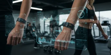 Advanced wearable fitness trackers displaying biometric data in a futuristic gym, symbolising peak performance.