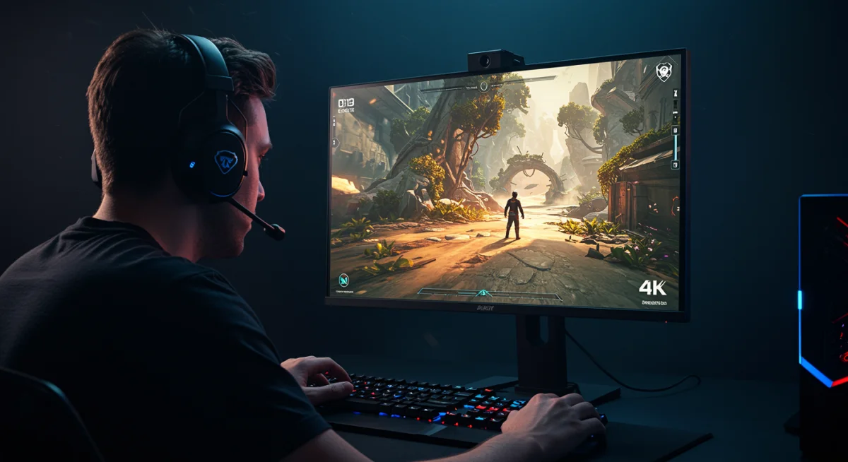 Gamer immersed in high-fidelity 4K gaming on a large monitor.