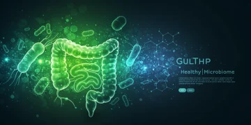 Futuristic illustration of a healthy gut microbiome, symbolising probiotic innovations.