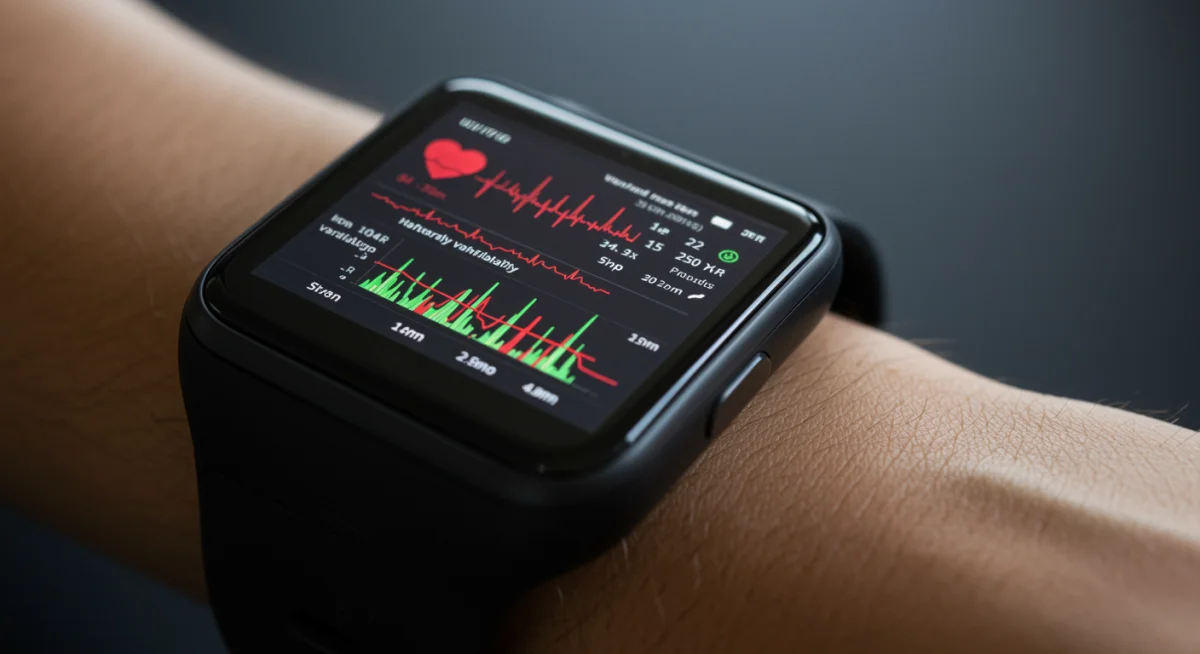 Close-up of a wearable device showing detailed heart rate variability and sleep tracking data.