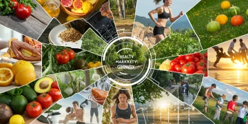 Dynamic collage of health and wellness elements, symbolising future market growth and innovation.