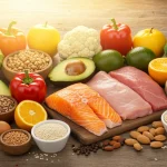 Abundant display of fresh fruits, vegetables, lean proteins, and whole grains, representing healthy eating choices.