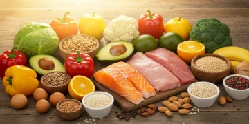 Abundant display of fresh fruits, vegetables, lean proteins, and whole grains, representing healthy eating choices.