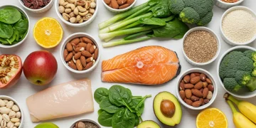 Vibrant selection of fresh, healthy foods on a kitchen counter, ideal for natural energy boosting over 40.