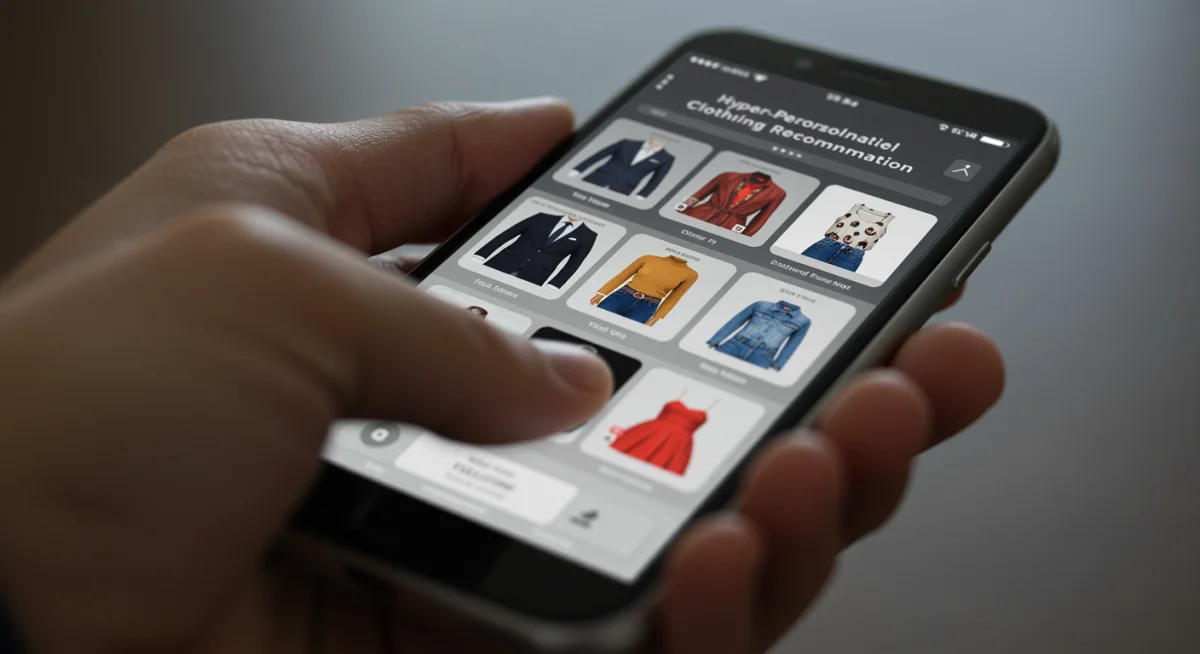 Smartphone screen showcasing hyper-personalised clothing recommendations based on user data and preferences.