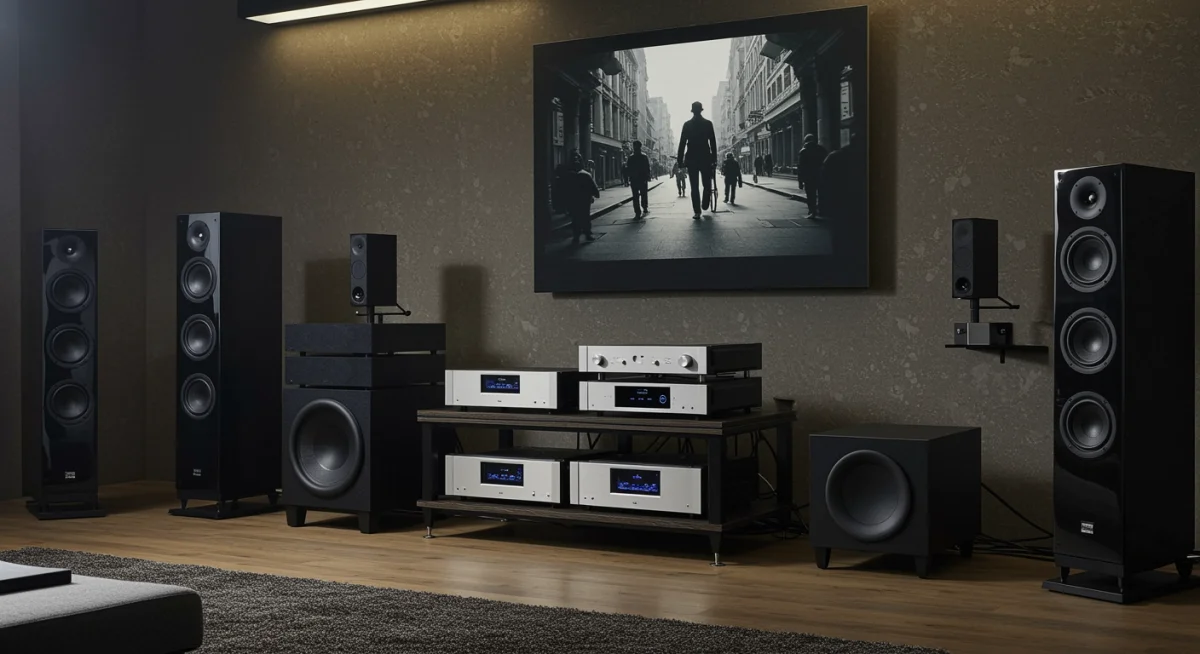 Sophisticated home theatre with multiple wireless speakers creating an immersive audio soundstage.