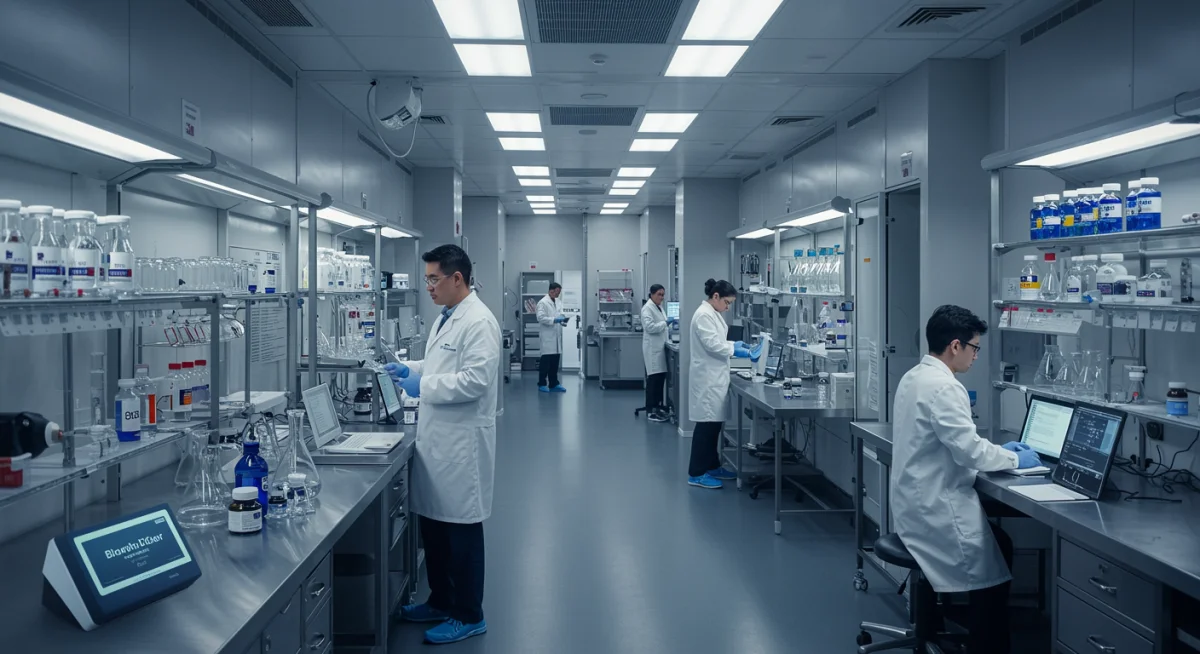 Scientists in a modern lab examining advanced nutritional supplements and bio-hacking devices.