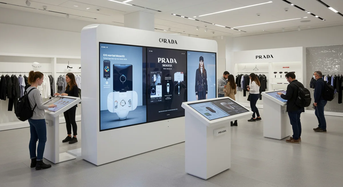 Interactive digital display showcasing co-branded products in a modern retail setting, highlighting customer engagement.